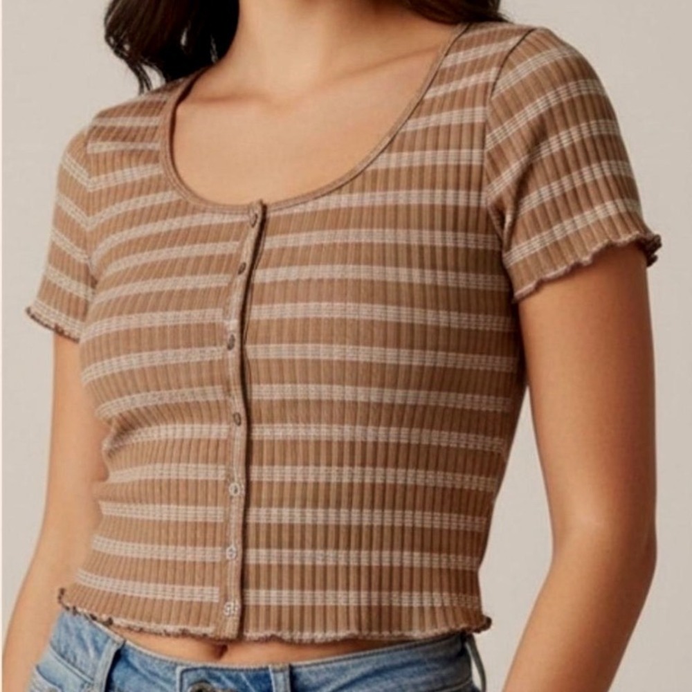 American Eagle Womens Brown Striped Ribbed Snap Front Lettuce Edge Top XS
